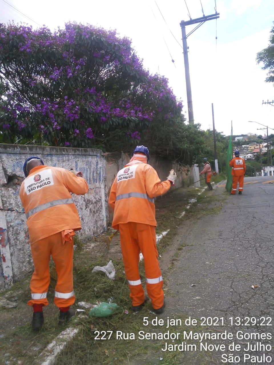 Homens trabalham no  corte de grama na beira da sarjeta de uma rua, com proteção de tela